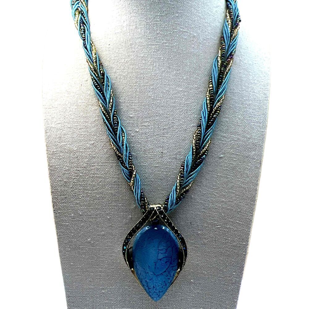 NEW Blue Stone Teardrop Pendant Blue Braided Cord Necklace